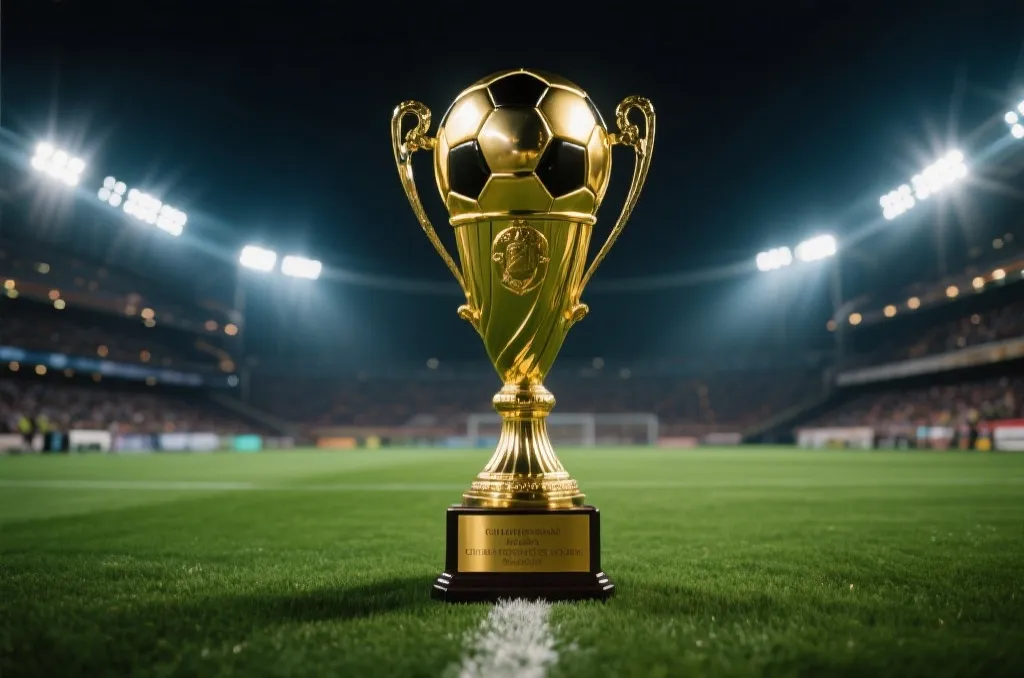 A golden football championship trophy standing on a lush green stadium pitch under bright lights, dramatic atmosphere