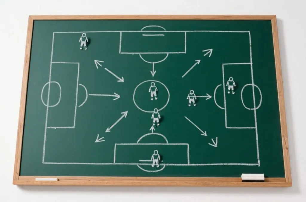 A tactical chalkboard showing football strategy plays with arrows and player positions, clean overhead shot