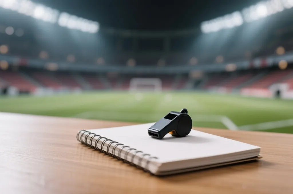a professional referee whistle and a clean notebook on a wooden desk