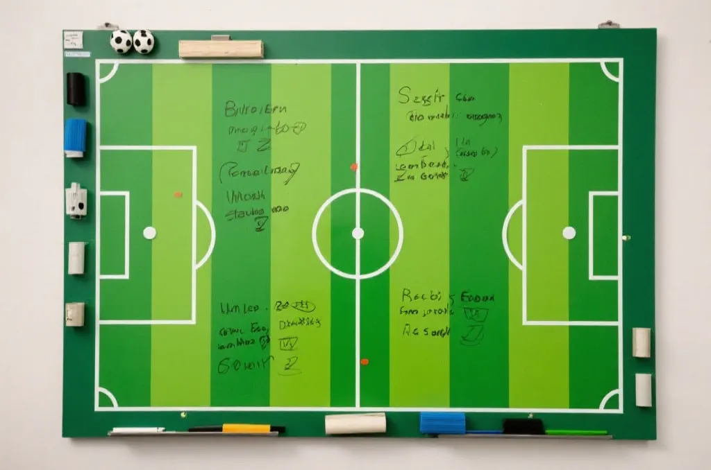 A tactical planning board with football pitch lines and strategy notes
